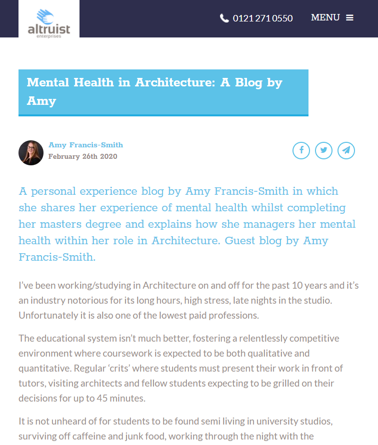 Altruist Mental Health in Architecture Blog Screenshot