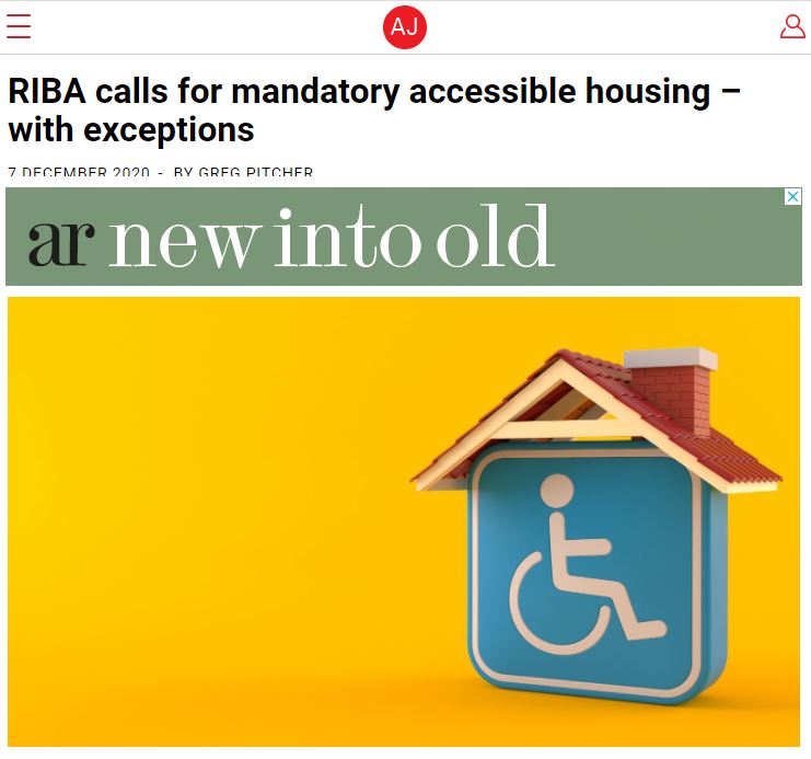 architects journal mandatory accessible housing standards blue disabled symbol under model roof yellow background